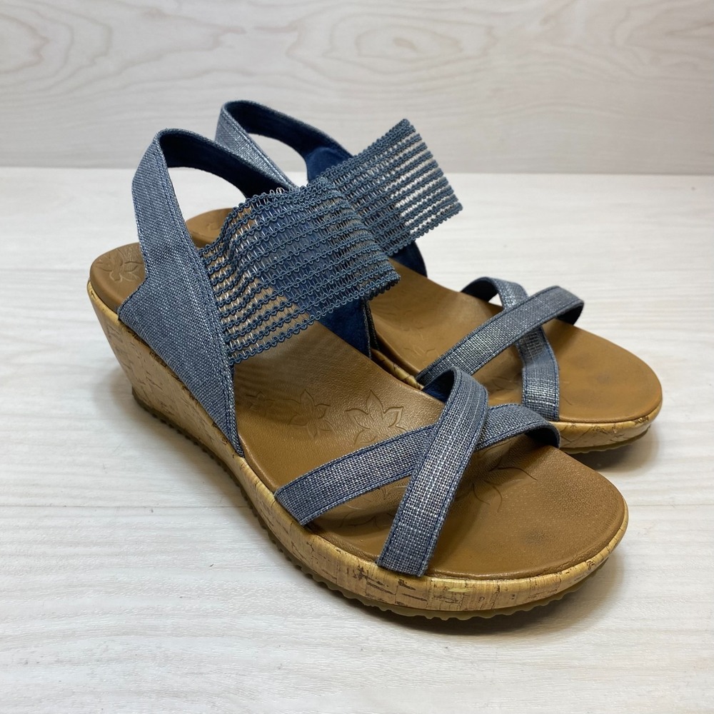 Skechers Beverlee High Tea Strappy Sandals‎ Women's Size 8 Blue Wedge Luxe Foam
